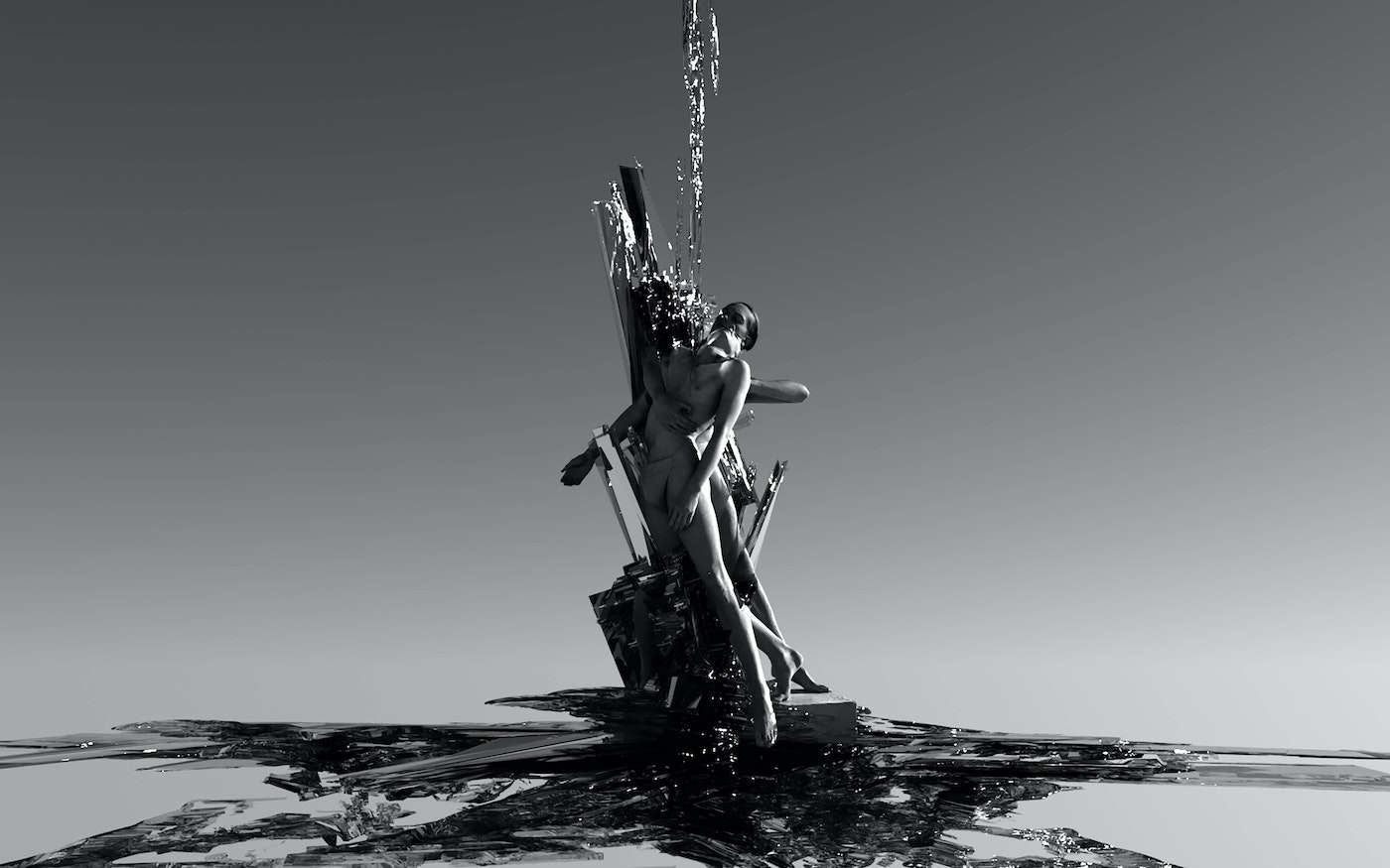 Monochrome image featuring two nude adults embracing beside abstract water, with a surreal, artistic aesthetic against a clear sky.