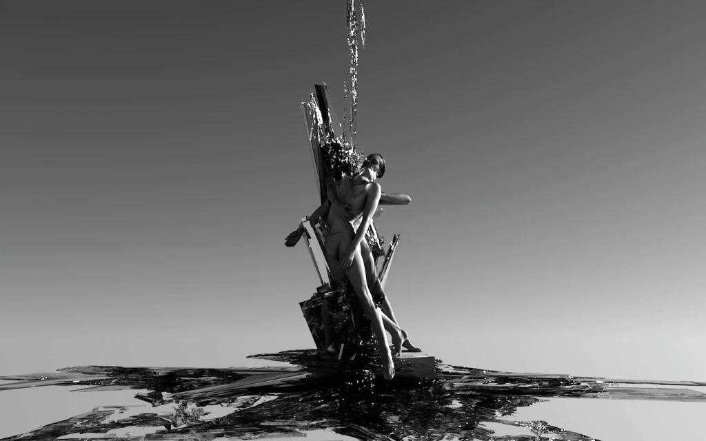 Monochrome image featuring two nude adults embracing beside abstract water, with a surreal, artistic aesthetic against a clear sky.