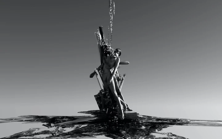 Monochrome image featuring two nude adults embracing beside abstract water, with a surreal, artistic aesthetic against a clear sky.