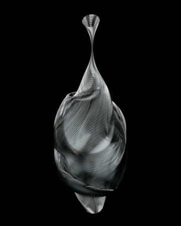 Abstract metallic sculpture with swirling linear pattern against a black backdrop, creating a modern and artistic visual composition.