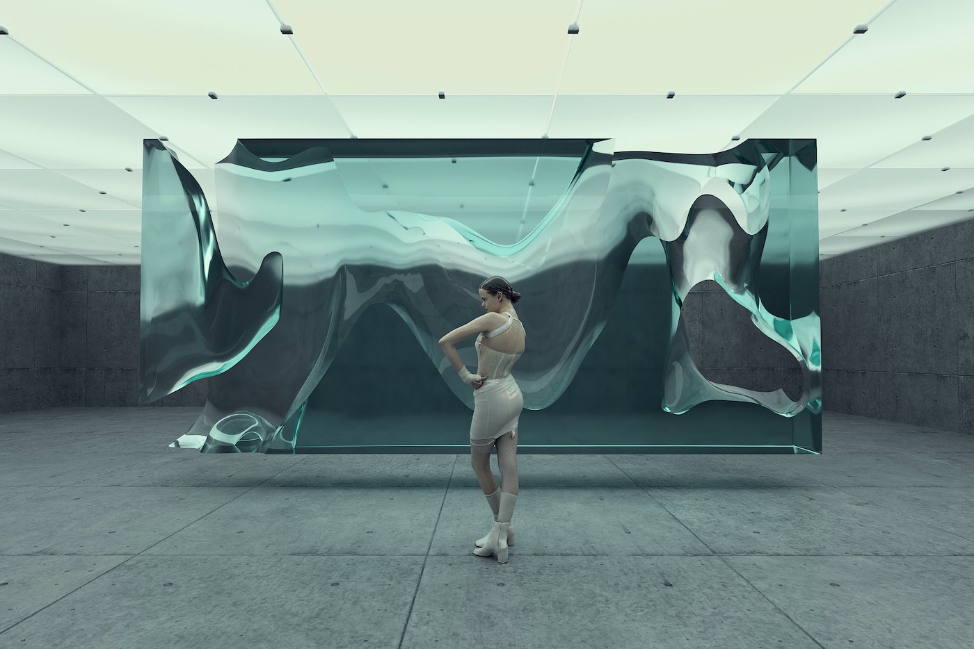 Woman in white corset dress poses near a translucent blue block in a spacious grey concrete interior with grid-patterned ceiling lights.