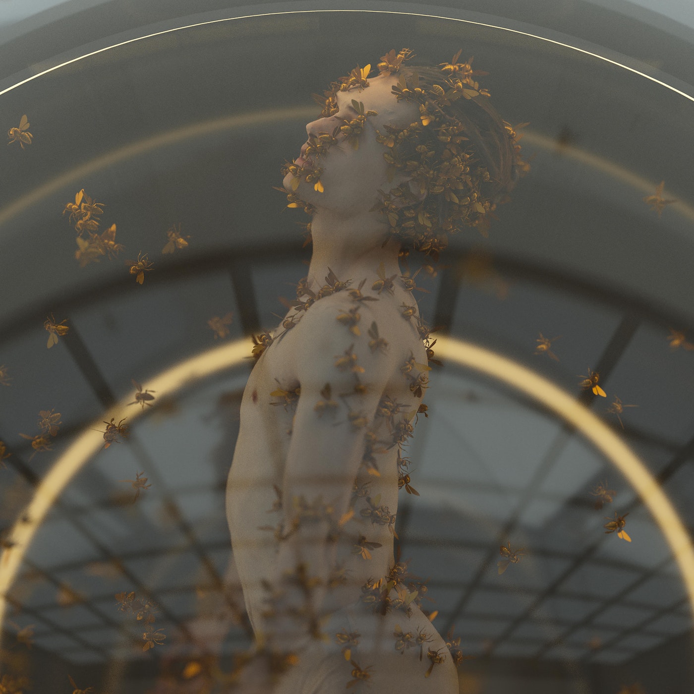 Profile of a man covered in bees with a glowing circular light ring overhead by photographer Justin Ridler