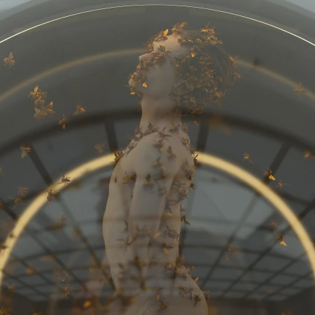 Profile of a man covered in bees with a glowing circular light ring overhead by photographer Justin Ridler