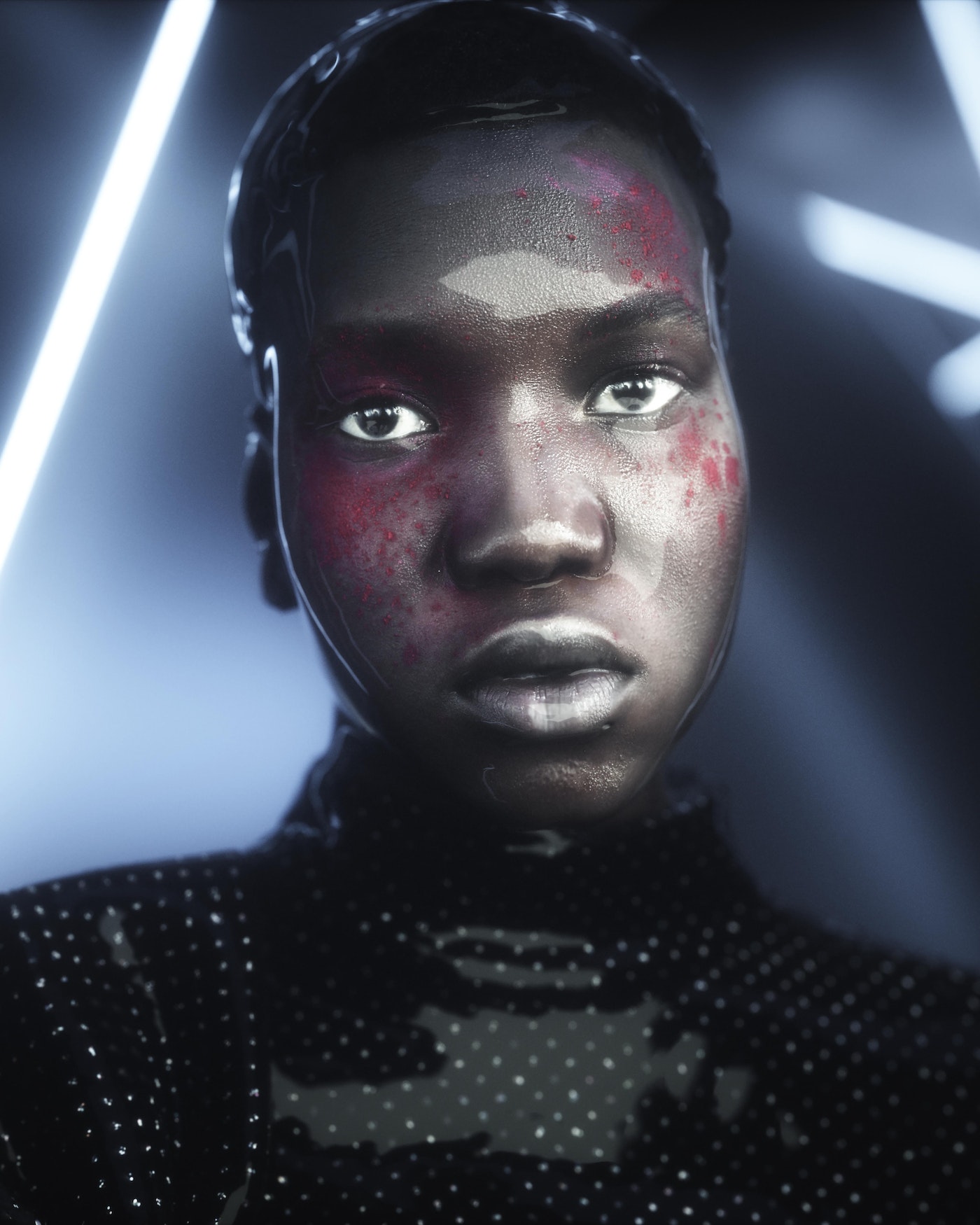 Close-up portrait of a Black woman with makeup, wearing a black sequined top, against a backdrop of soft, neon studio lighting.