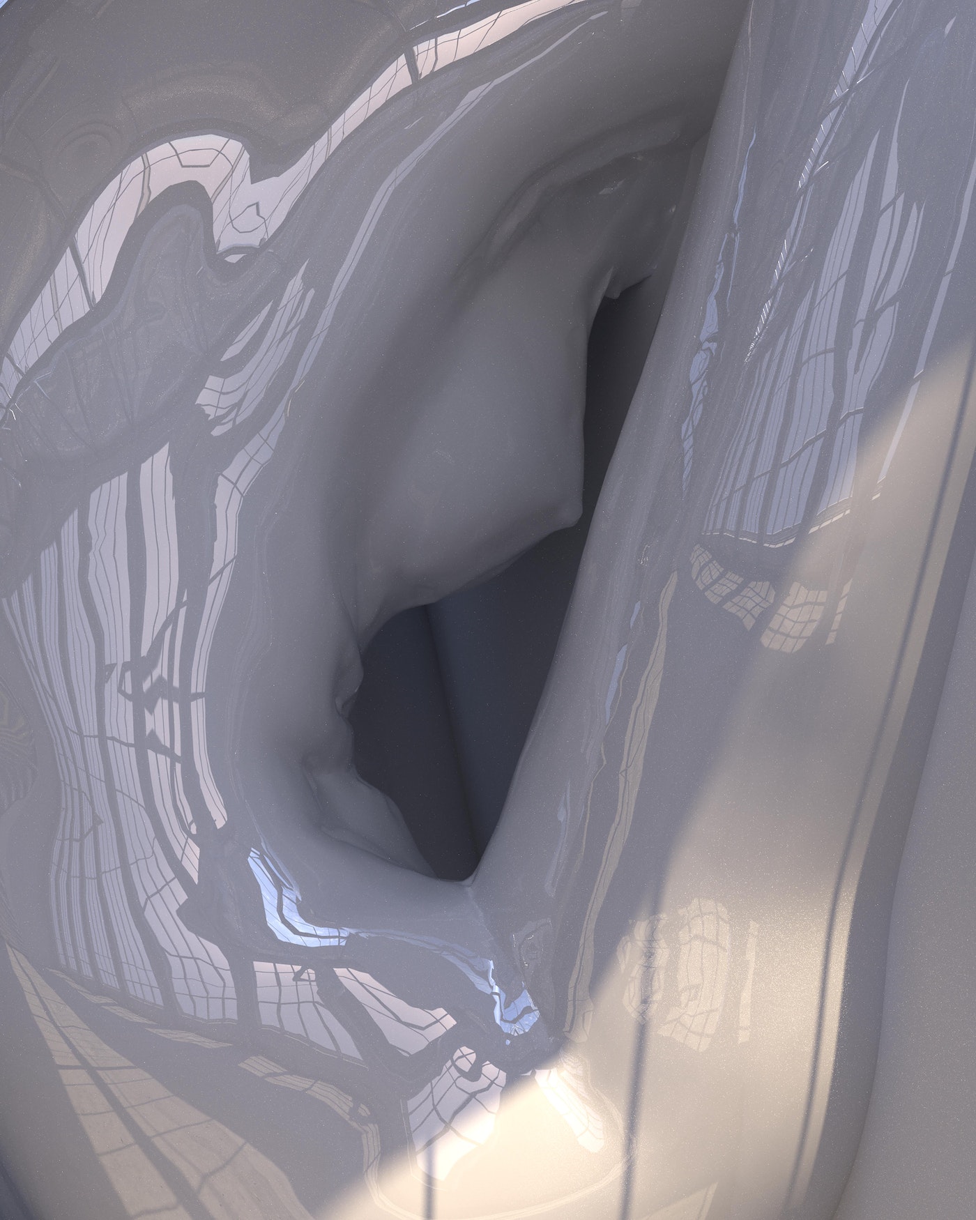 Close-up abstract view of glossy white sculptural material with fluid folds and sharp window reflections.