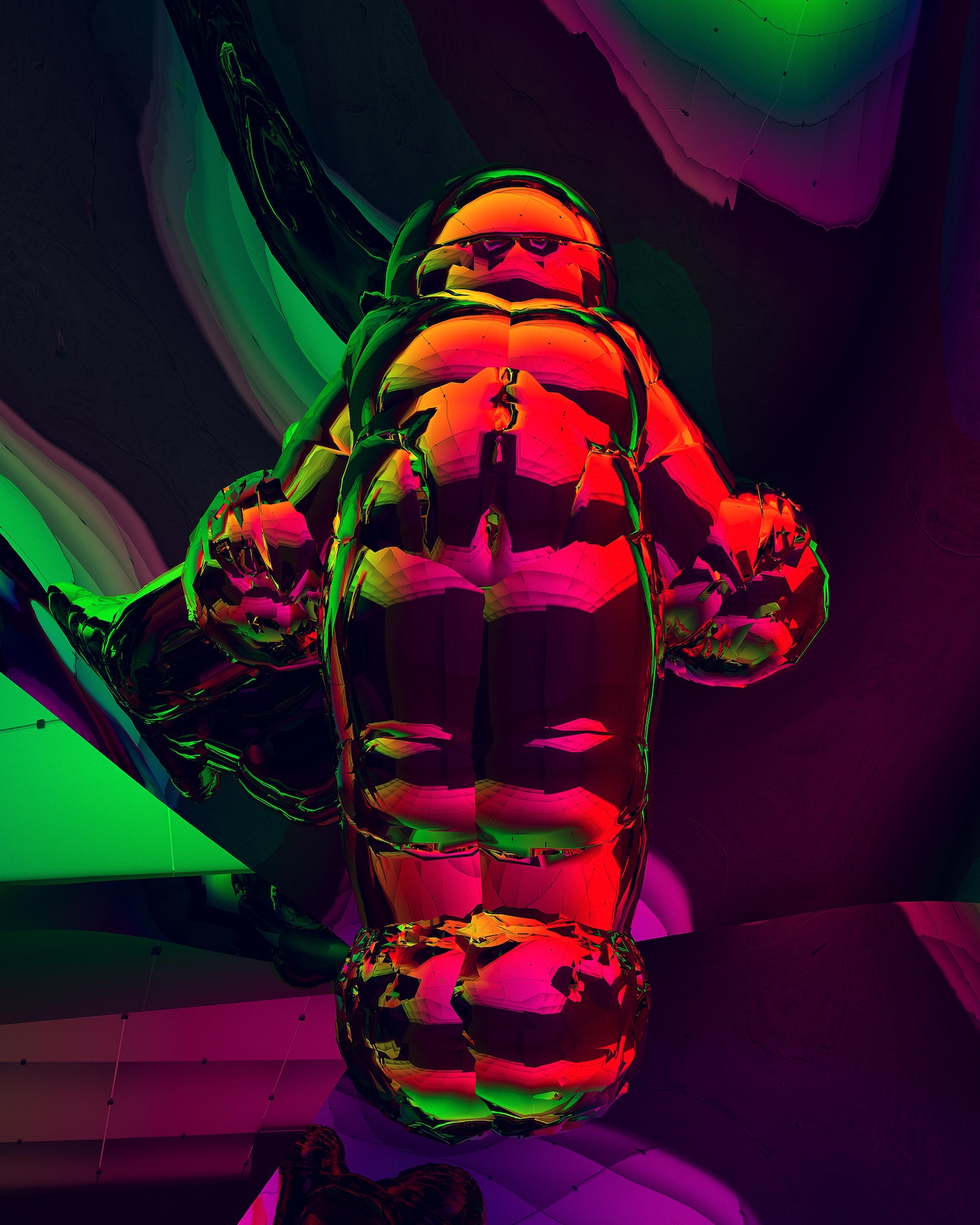 Abstract figure with vibrant neon lights on its body, showcasing a futuristic and artistic scene with a reflective surface.