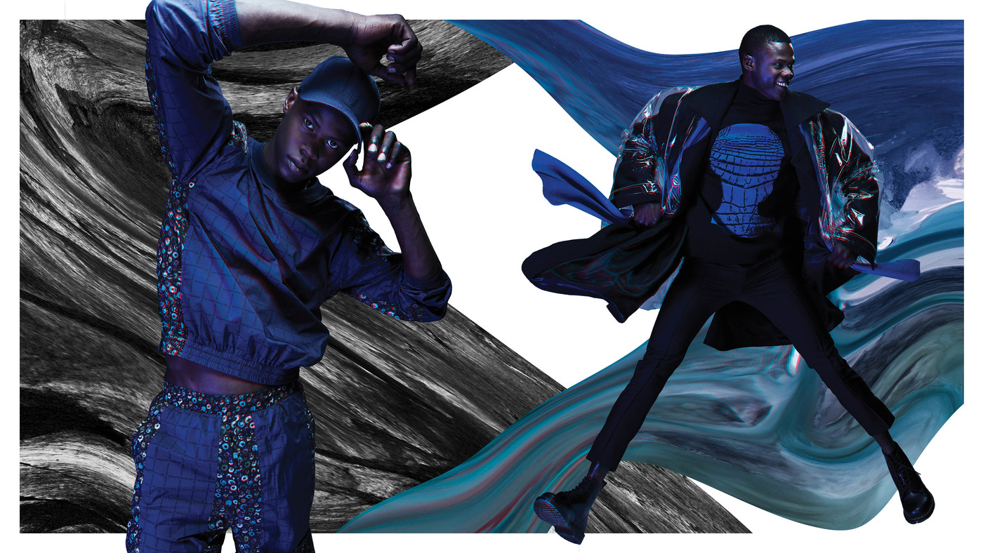 Fashion editorial shot featuring two Black male models in patterned, blue outfits against a dynamic, abstract background with a moody tone.