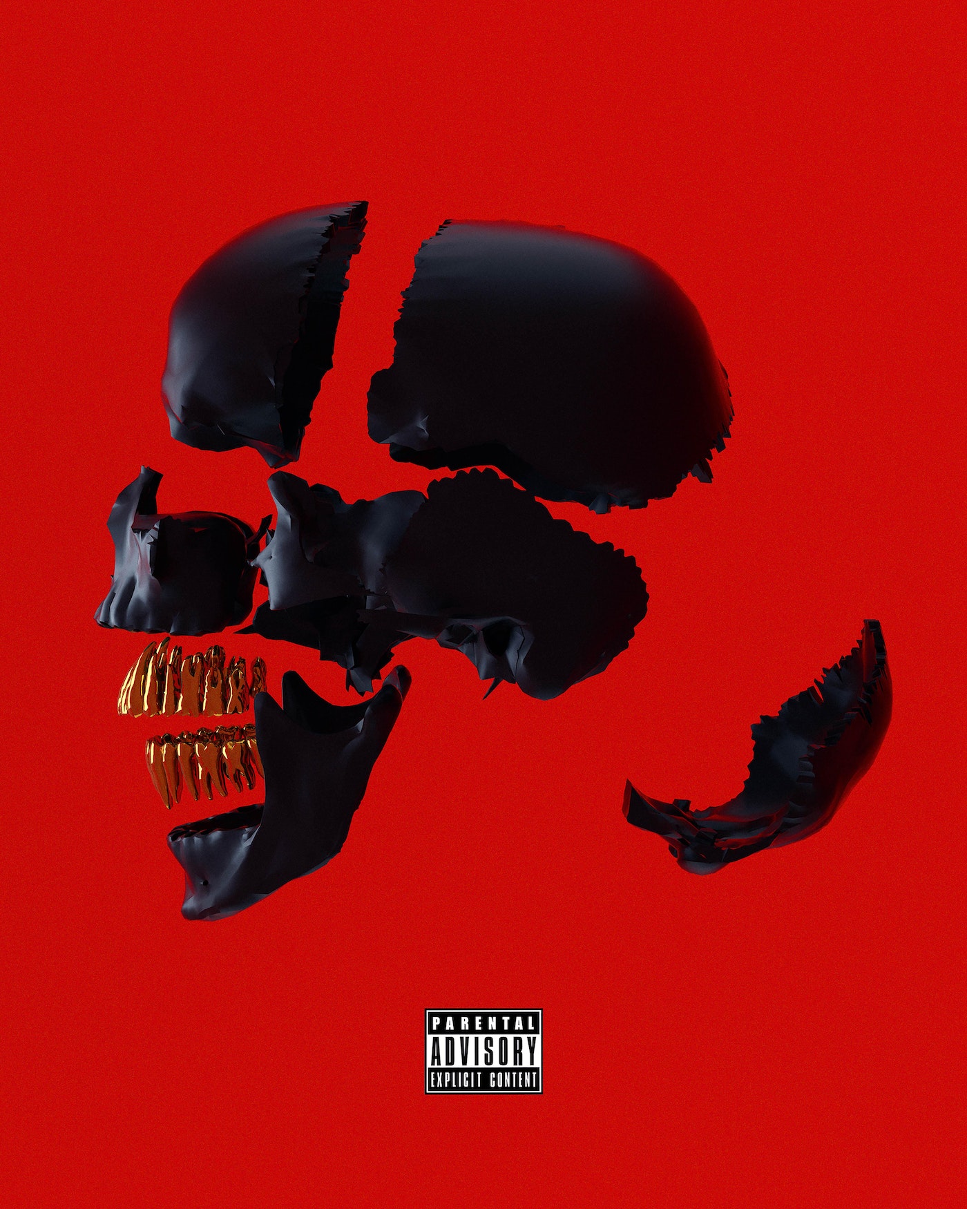 Black skull in pieces with golden teeth set against a vibrant red background, creating a stark contrast and modern aesthetic.