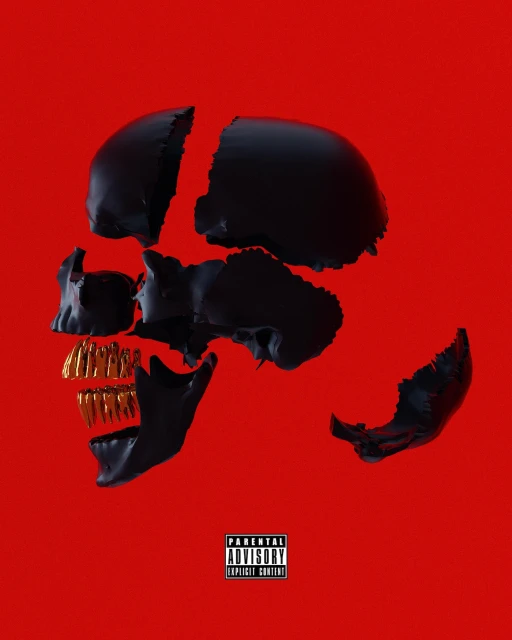 Black skull in pieces with golden teeth set against a vibrant red background, creating a stark contrast and modern aesthetic.