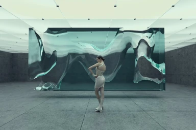 Model standing before a large translucent glass sculpture in an industrial concrete room by Justin Ridler