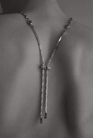 Close-up shot of a bare back adorned with a long, silver-tone necklace featuring geometric details, captured in soft, diffused lighting.