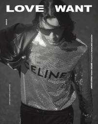 Man wearing a sequined Celine top with a black jacket over his shoulder and sunglasses in a portrait editorial.