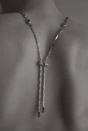 Monochrome close-up of a person wearing an elaborate jewelled lariat necklace draped down their bare back.