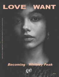 Close up portrait of a young woman with dark curly hair and earrings against a dark textured background with pink magazine typography.