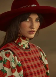 Portrait of a woman wearing a wide-brimmed red hat and strawberry-print blouse with red plaid vest.