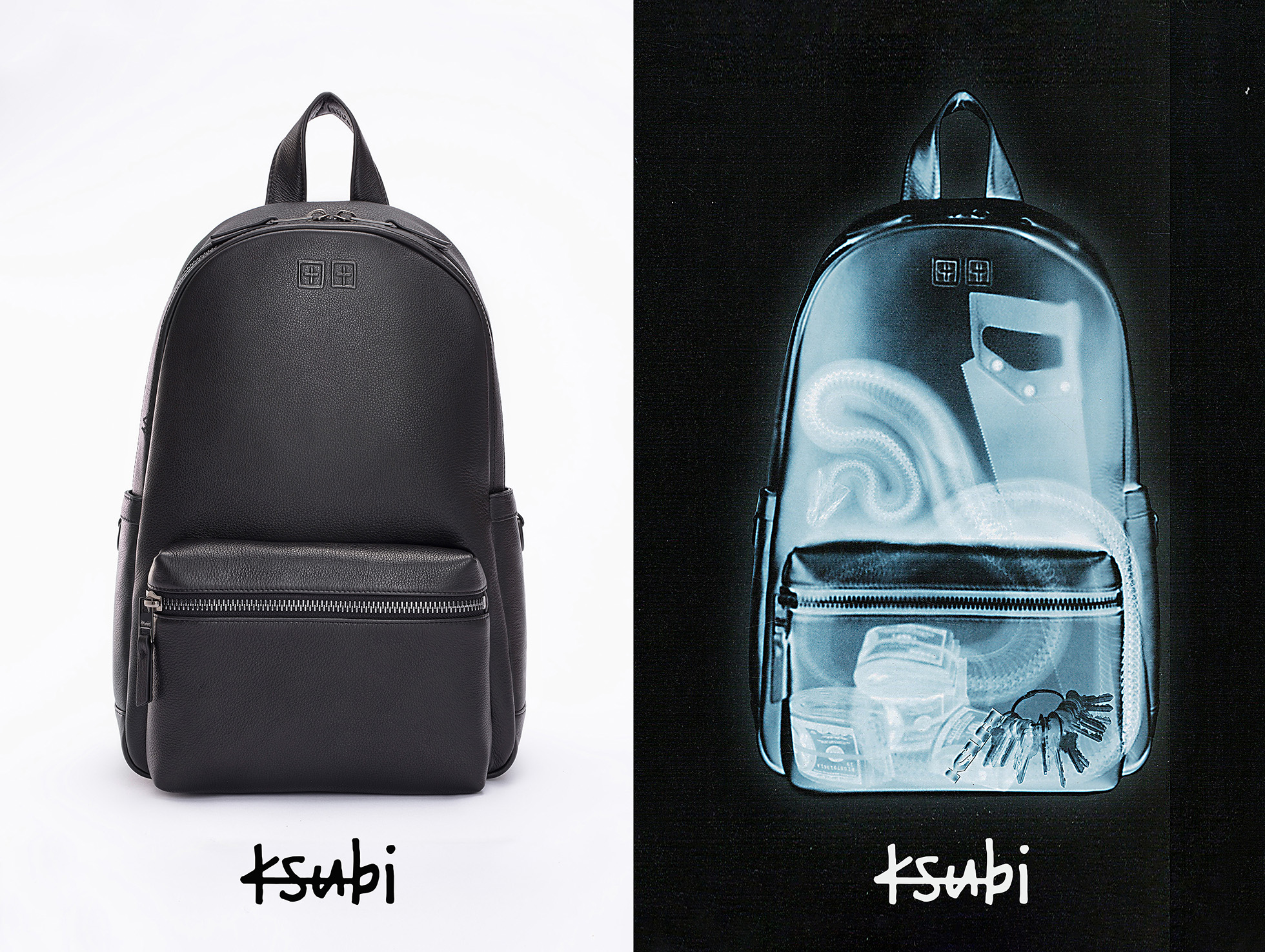 Ksubi black backpack shown in a split-screen composition with a traditional view on one side and an X-ray view on the other.