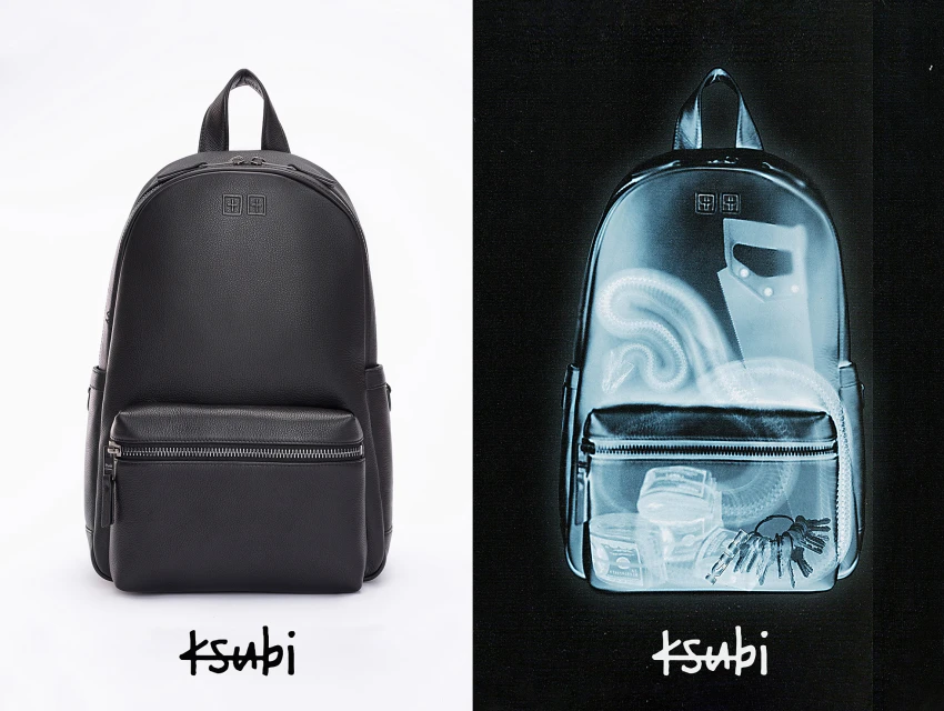 Ksubi black backpack shown in a split-screen composition with a traditional view on one side and an X-ray view on the other.