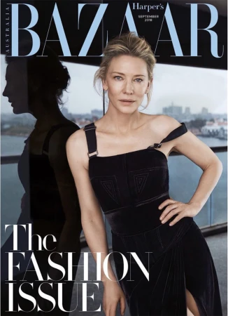Cate Blanchett on Harper's Bazaar Australia September 2018 cover, wearing an elegant black dress, with reflective city background.
