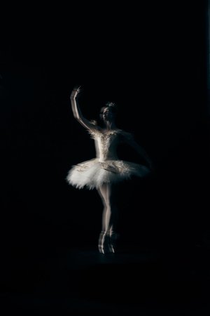 Woman in white ballet tutu poses gracefully en pointe in a dimly lit dance studio, creating a sense of artistic movement and elegance.