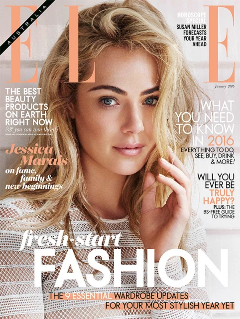 Magazine cover featuring Jessica Marais: close-up portrait of a blonde woman with fresh start fashion on a white background.
