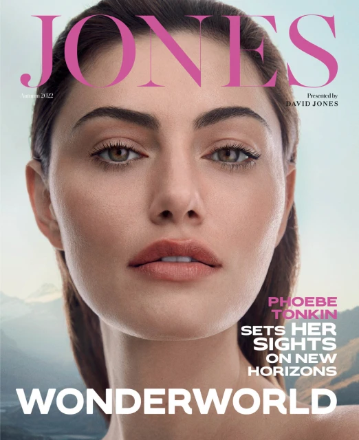Magazine cover featuring Phoebe Tonkin with the masthead 'Jones,' promoting the Autumn 2022 collection against a blurred mountain backdrop.