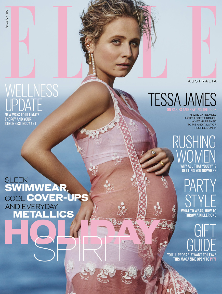 Elle Australia cover featuring pregnant Tessa James, December 2017 issue. Close up shows James in pink dress with magazine text.