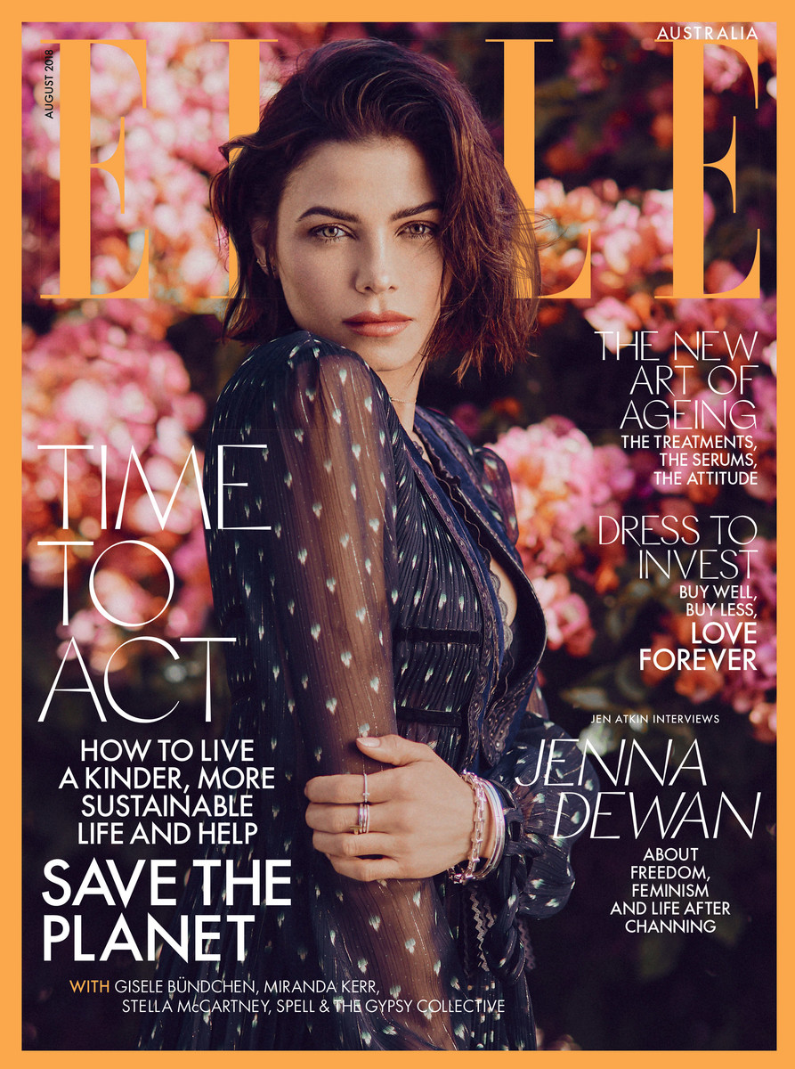 Elle Australia magazine cover featuring Jenna Dewan. August 2018 issue focuses on aging, investments, freedom, feminism, and saving the planet.