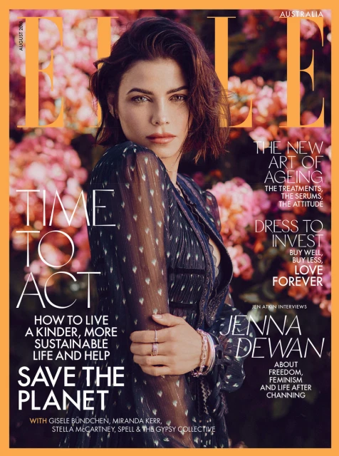 Elle Australia magazine cover featuring Jenna Dewan. August 2018 issue focuses on aging, investments, freedom, feminism, and saving the planet.