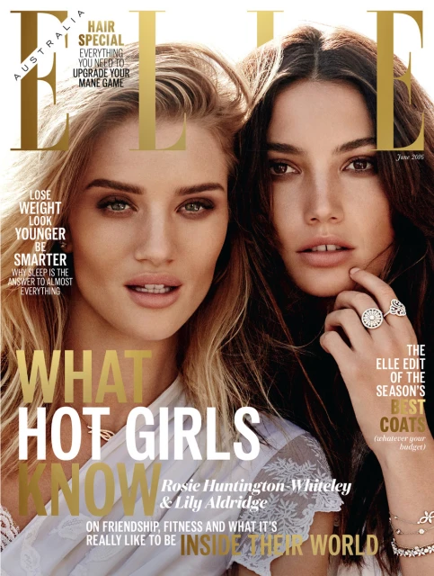 Elle Australia magazine cover featuring models Rosie Huntington-Whiteley and Lily Aldridge, close-up studio shot with golden text overlay.