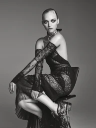 Monochrome fashion portrait of a model in a black lace dress and chunky boots seated on a stool.