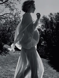 Monochrome fashion portrait of a pregnant woman in a flowing pleated skirt and sheer blouse outdoors.