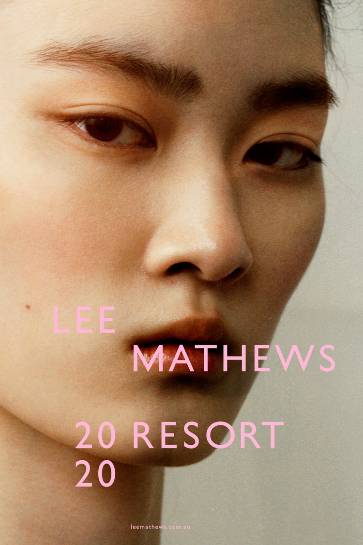 Close-up portrait of an Asian woman with pink text overlay promoting Lee Mathews 20 Resort 20 collection, in a studio setting.
