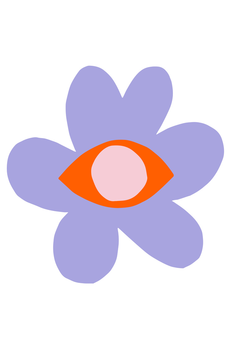 Illustration of a light purple flower with an abstract orange and light pink eye design in the center, set against a white background.