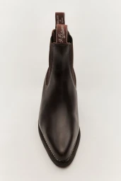 Dark brown leather chelsea boot viewed from the front against a clean white background
