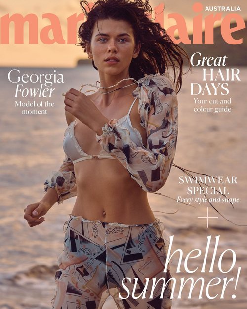 Marie Claire Australia magazine cover featuring Georgia Fowler in swimwear and pants with text overlay 'hello, summer!'