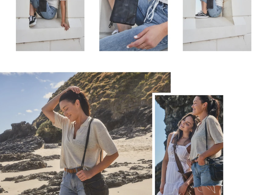Collage showcases women wearing crossbody bags in outdoor settings, with close-ups of bag details and full body shots, beach backdrop.