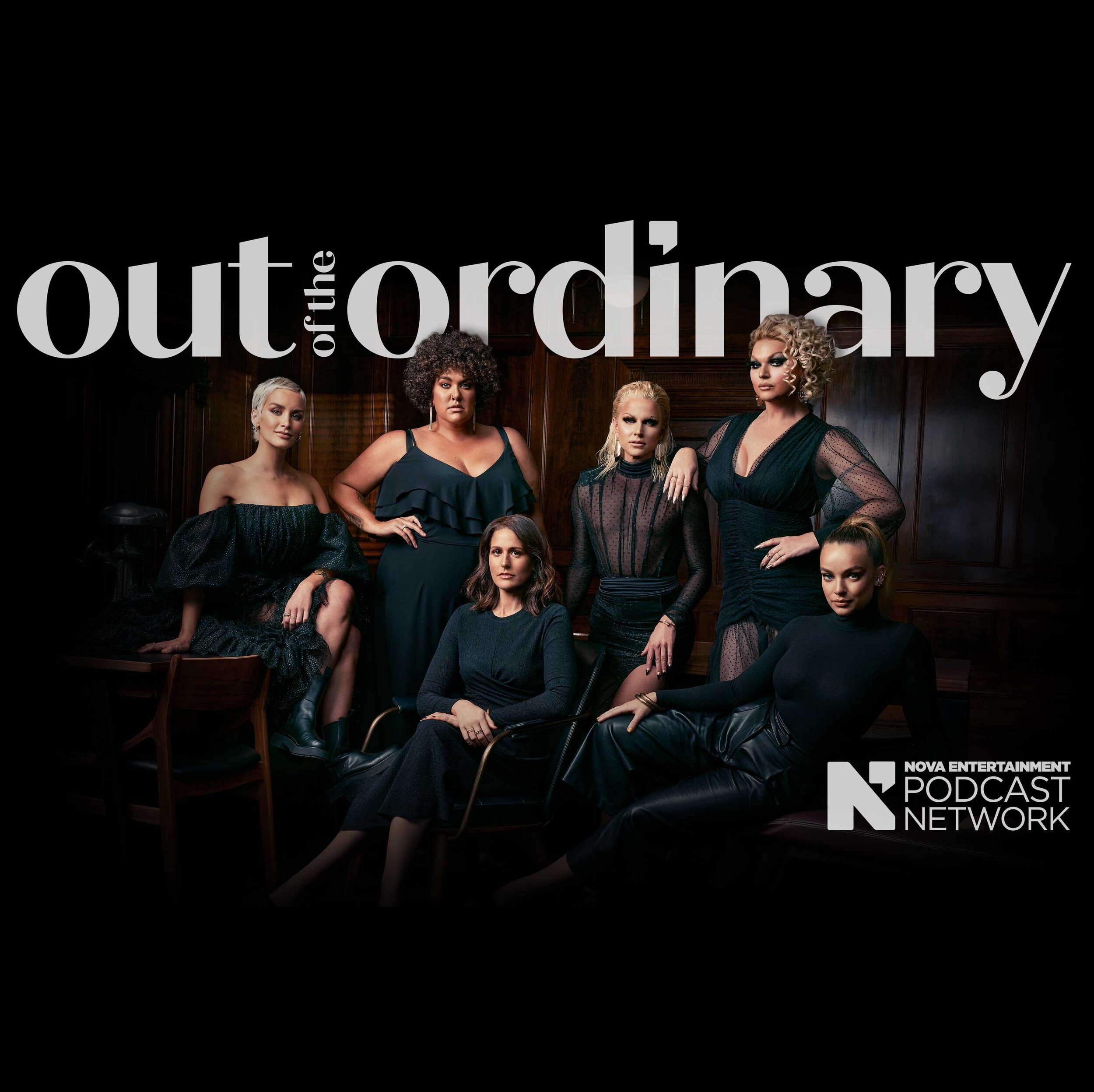 Six women in elegant black dresses are posing indoors in a semi-circle, with a podcast logo in the foreground, and dark wood panels in the background.