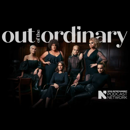 Six women in elegant black dresses are posing indoors in a semi-circle, with a podcast logo in the foreground, and dark wood panels in the background.