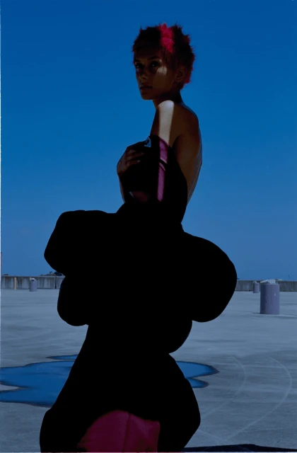 An adult female fashion model in a black dress poses against a bright blue sky on a rooftop with puddles and industrial containers.