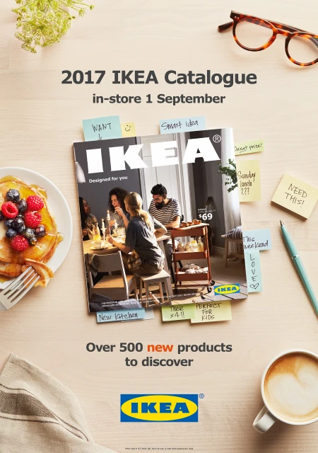 Ikea catalogue cover featuring people at a dining table surrounded by sticky notes, a plate of pancakes, coffee and glasses.