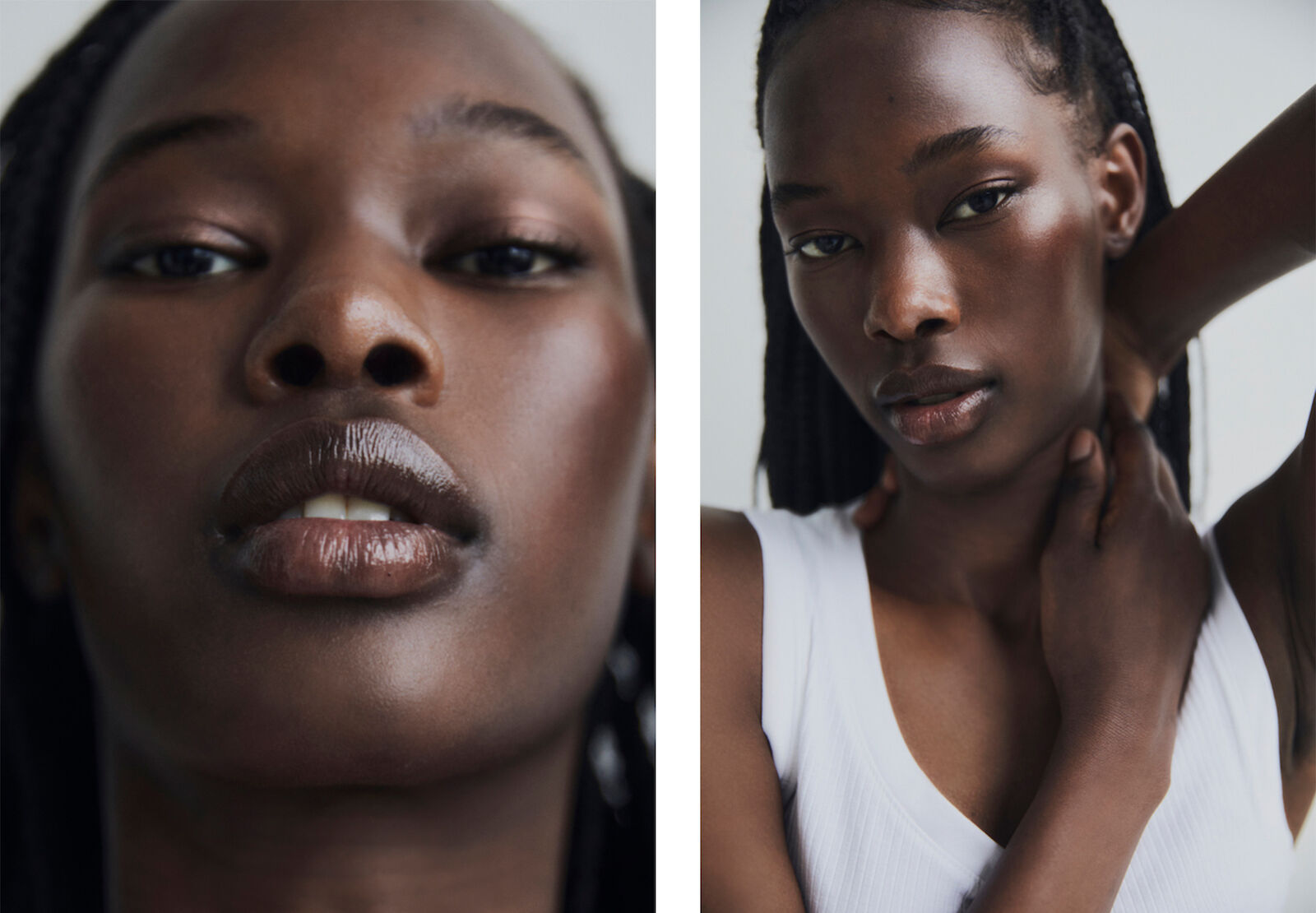 Close-up portrait of a young Black woman with braided hair in a white top against a bright background in a beauty and fashion context.