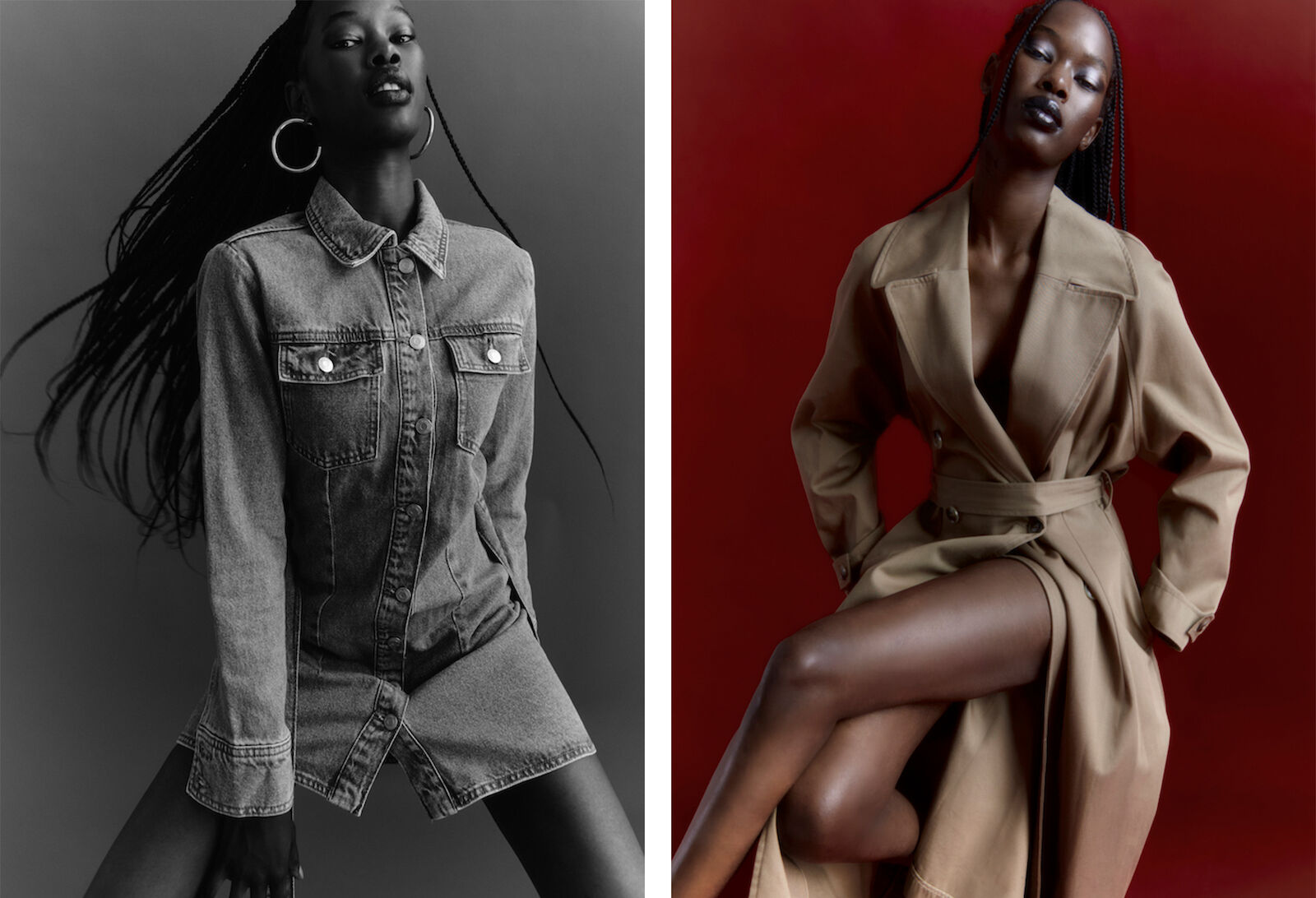 Two portraits of a Black woman with long braids wearing a denim dress and a trench coat against gray and red studio backgrounds.