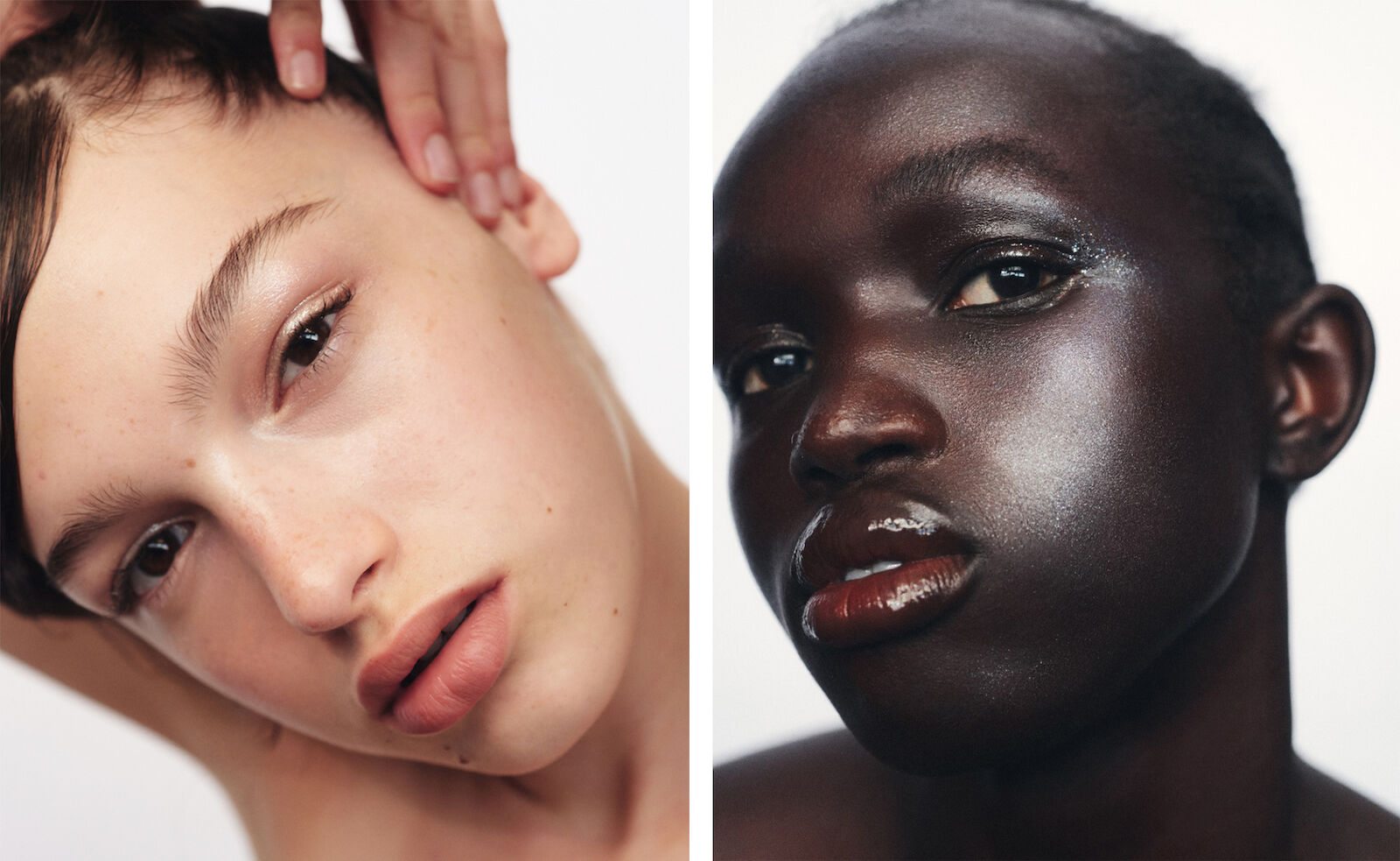 Close-up split image shows two women with glowing skin, one light-skinned with a hand near her face, and one dark-skinned.