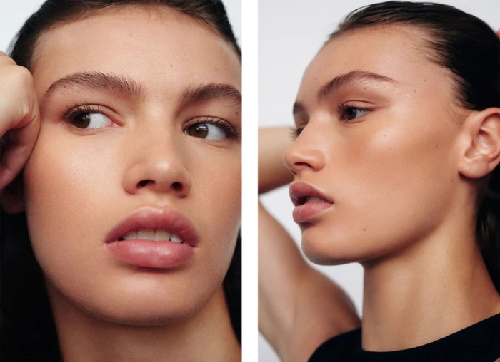 Close-up beauty portraits of a model with glossy minimal makeup against a plain white background by makeup artist Tammi Mayhew