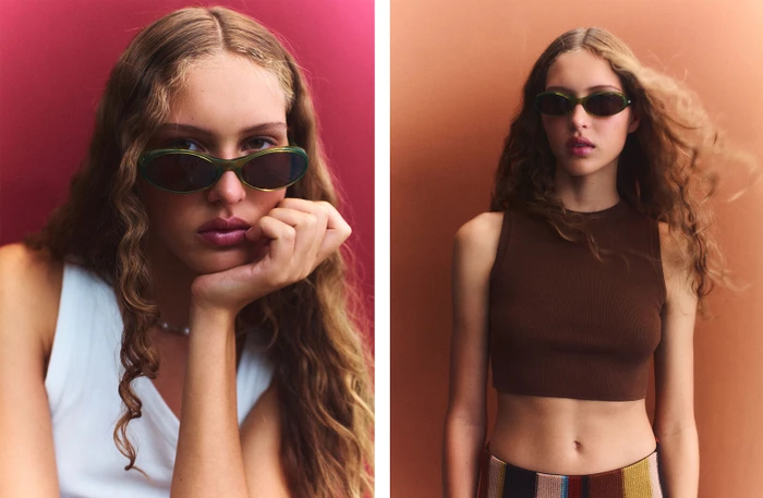 Diptych portrait of a woman with long wavy hair wearing green oval sunglasses and a brown crop top against solid backdrops
