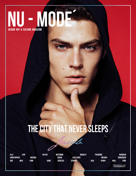 Portrait of a young adult male wearing a hooded jacket, his chin resting on his index finger, on a magazine cover with red background.