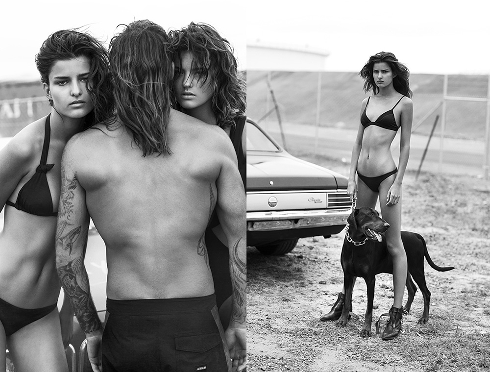 Monochrome fashion shot features two women and a man with tattoos near a car; a woman in a bikini stands with a dog on the right.