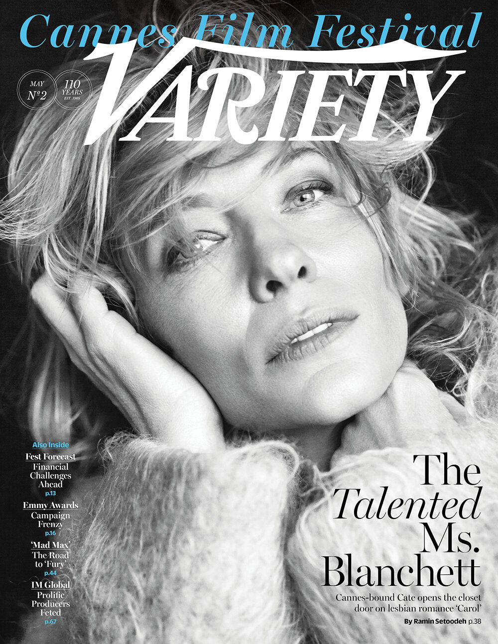 Black-and-white magazine cover featuring Cate Blanchett, with "Variety" in large letters and "Cannes Film Festival" at the top.