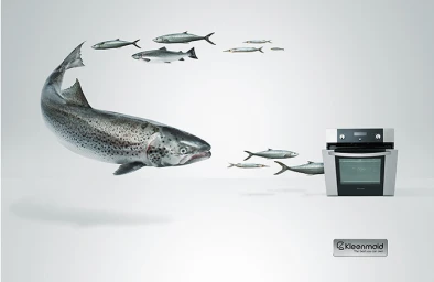 A school of fish swimming in a curving path toward a silver kitchen oven on a seamless light grey background.