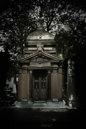 An ornate classical stone mausoleum with an arched metal door, framed by dark trees under a moody sky, photographed by Penny Clay.